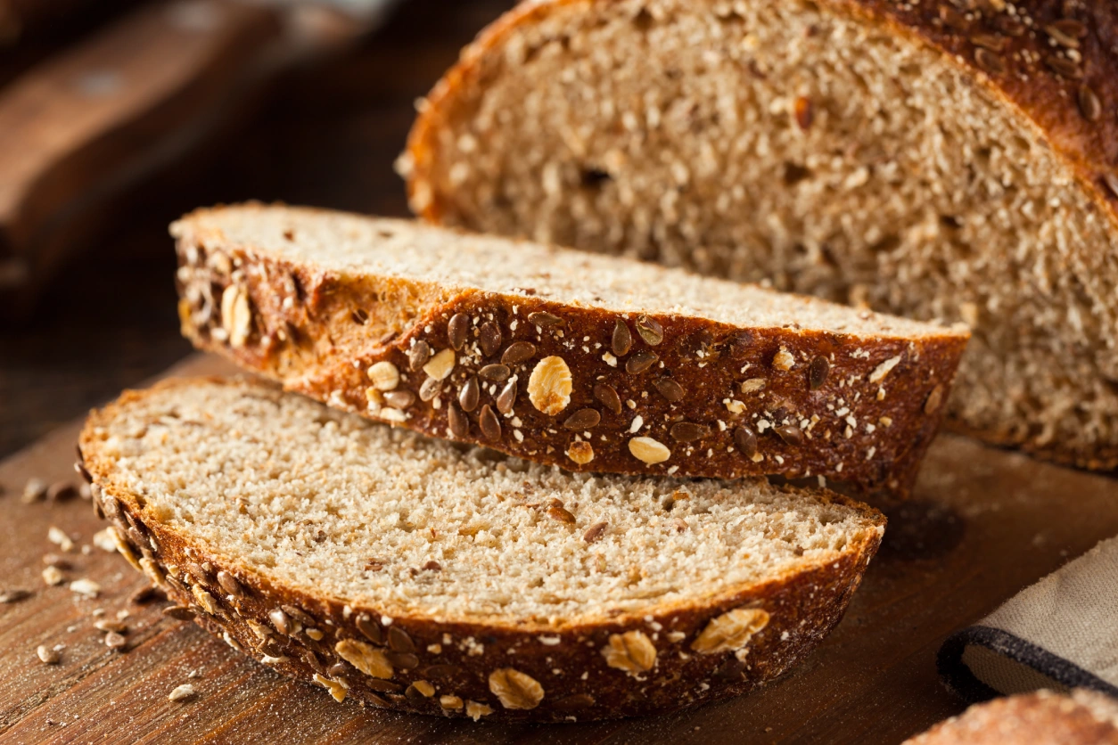 Sliced multigrain bread with seeds.